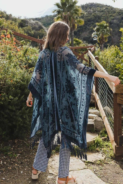 Velvet Burnout Kimono Cardigan with Bohemian Floral Pattern and Tassel Duster for Spring summer