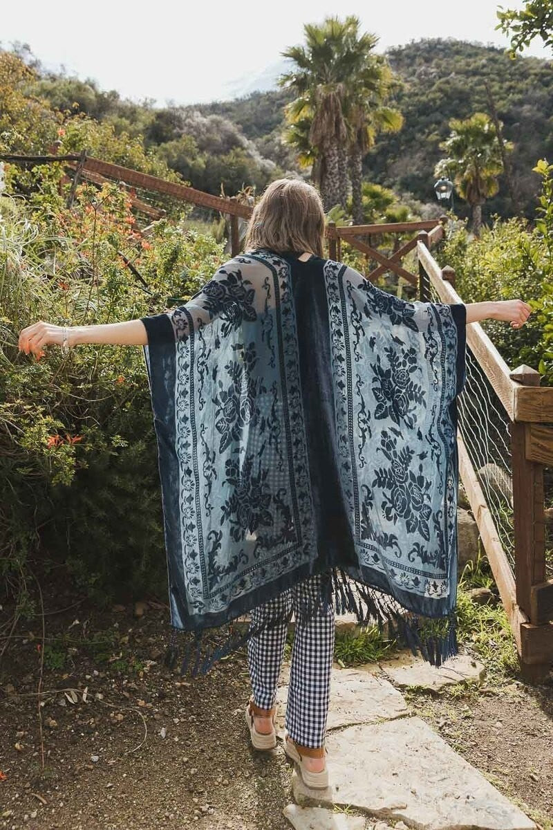 Velvet Burnout Kimono Cardigan with Bohemian Floral Pattern and Tassel Duster for Spring summer