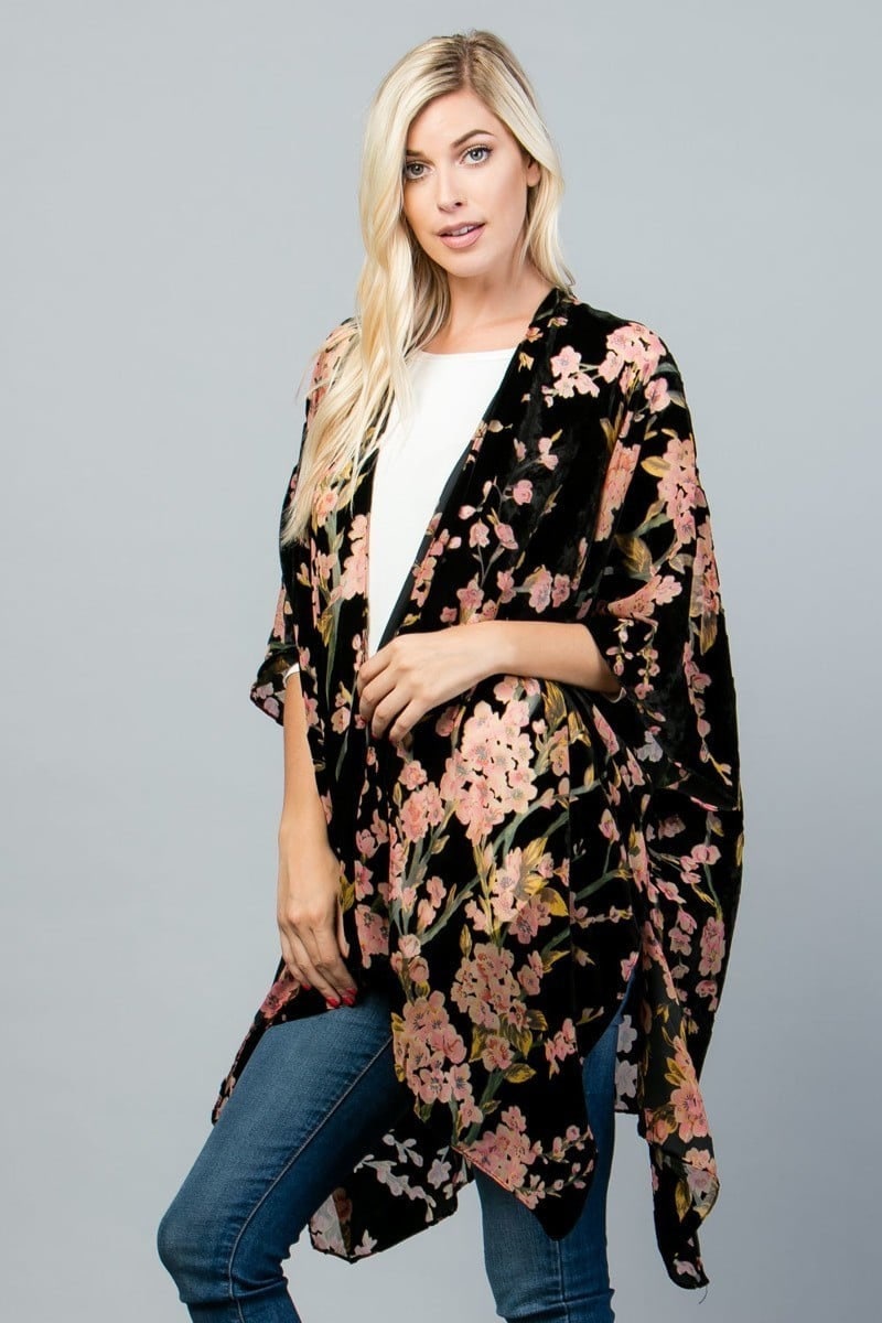 Velvet Burnout Kimono Cardigan with Bohemian Cherry Blossom Flower Pattern and Tassel Duster for Spring summer