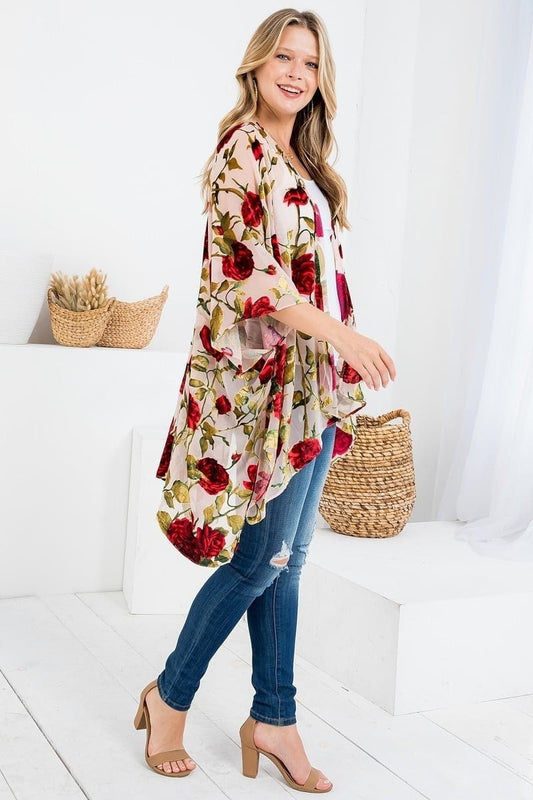 Velvet Burnout Kimono Cardigan with Bohemian Red Rose Flower Pattern and Tassel Duster for Spring summer