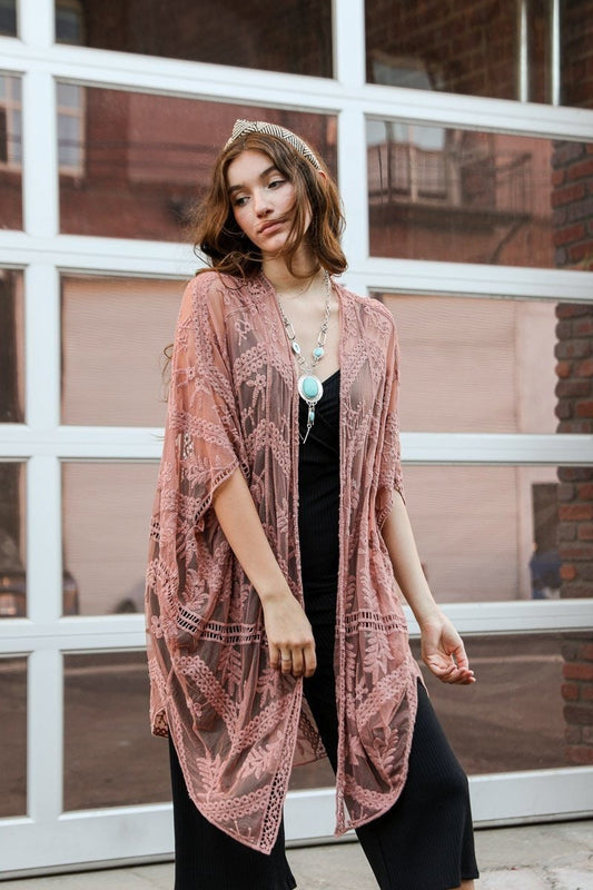 Pink Lace Kimono Duster