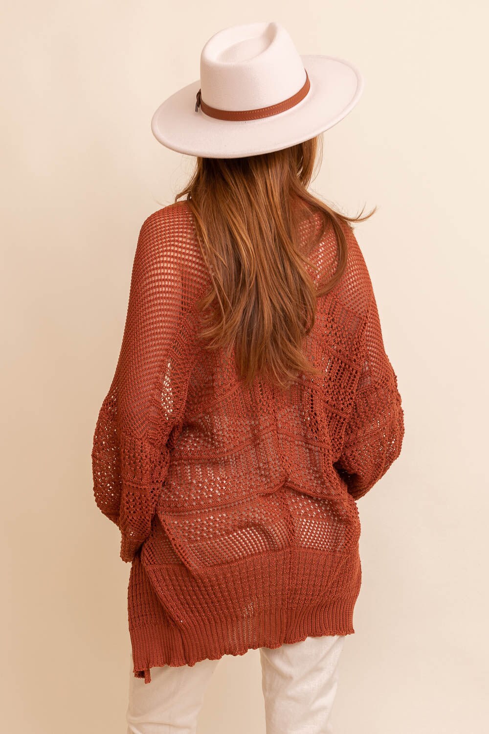 Beige Knit Netted Cardigan Kimono Duster