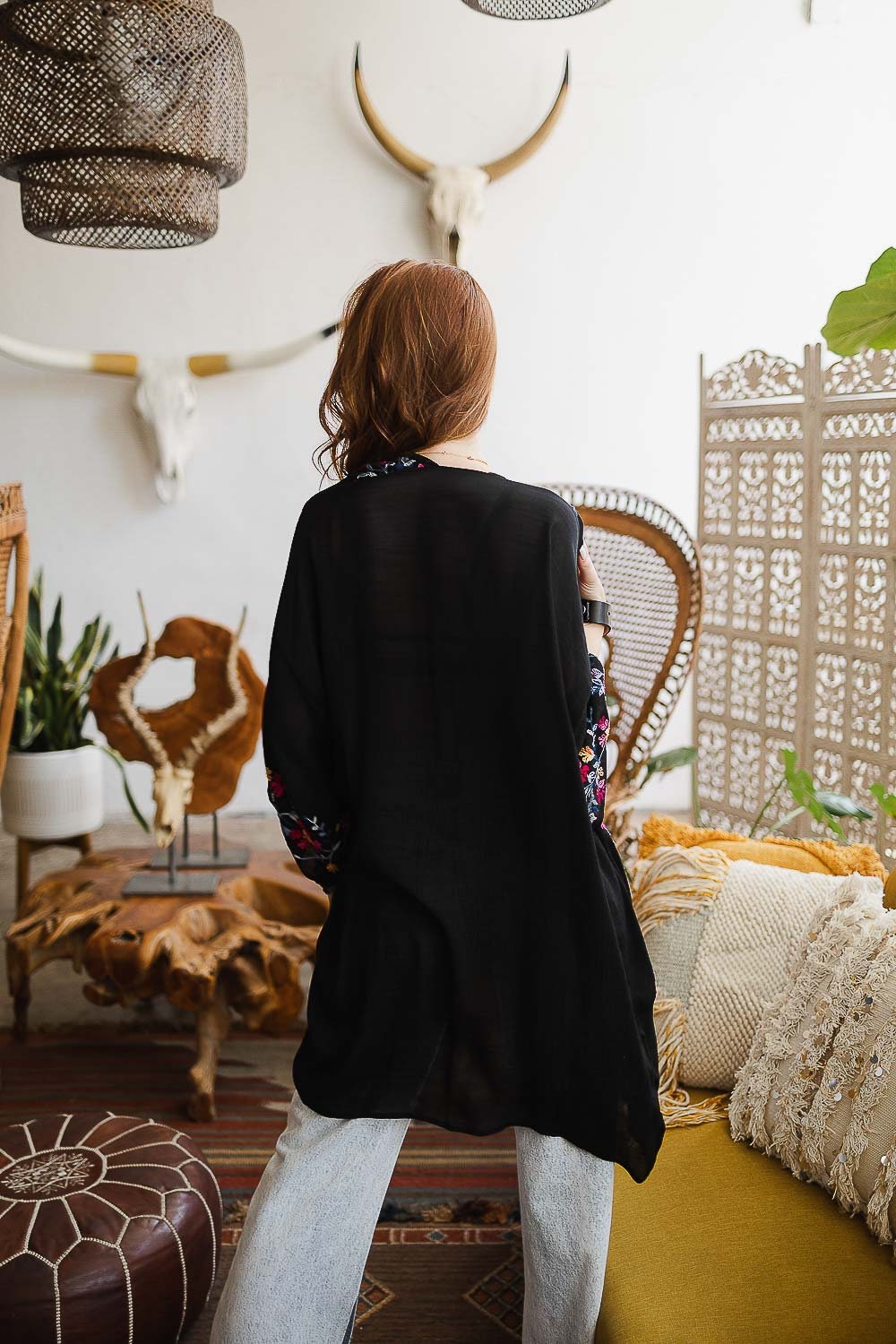 Black Floral Embroidered Kimono, Spring Floral Embroidered Kimonos in Black Color