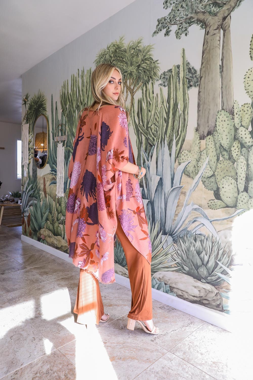 Flowy Kimono Duster with Floral Leaf Print