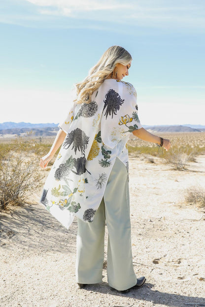 Beach Cover Up Lightweight Kimono Duster with Floral Leaf Print