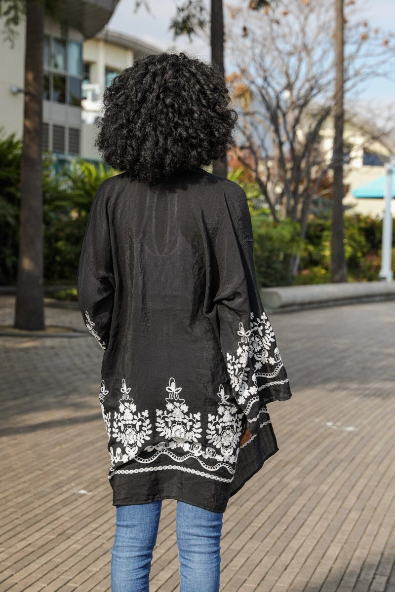 Flower Embroidered Black Kimono Cardigan