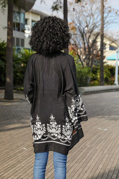 Flower Embroidered Black Kimono Cardigan