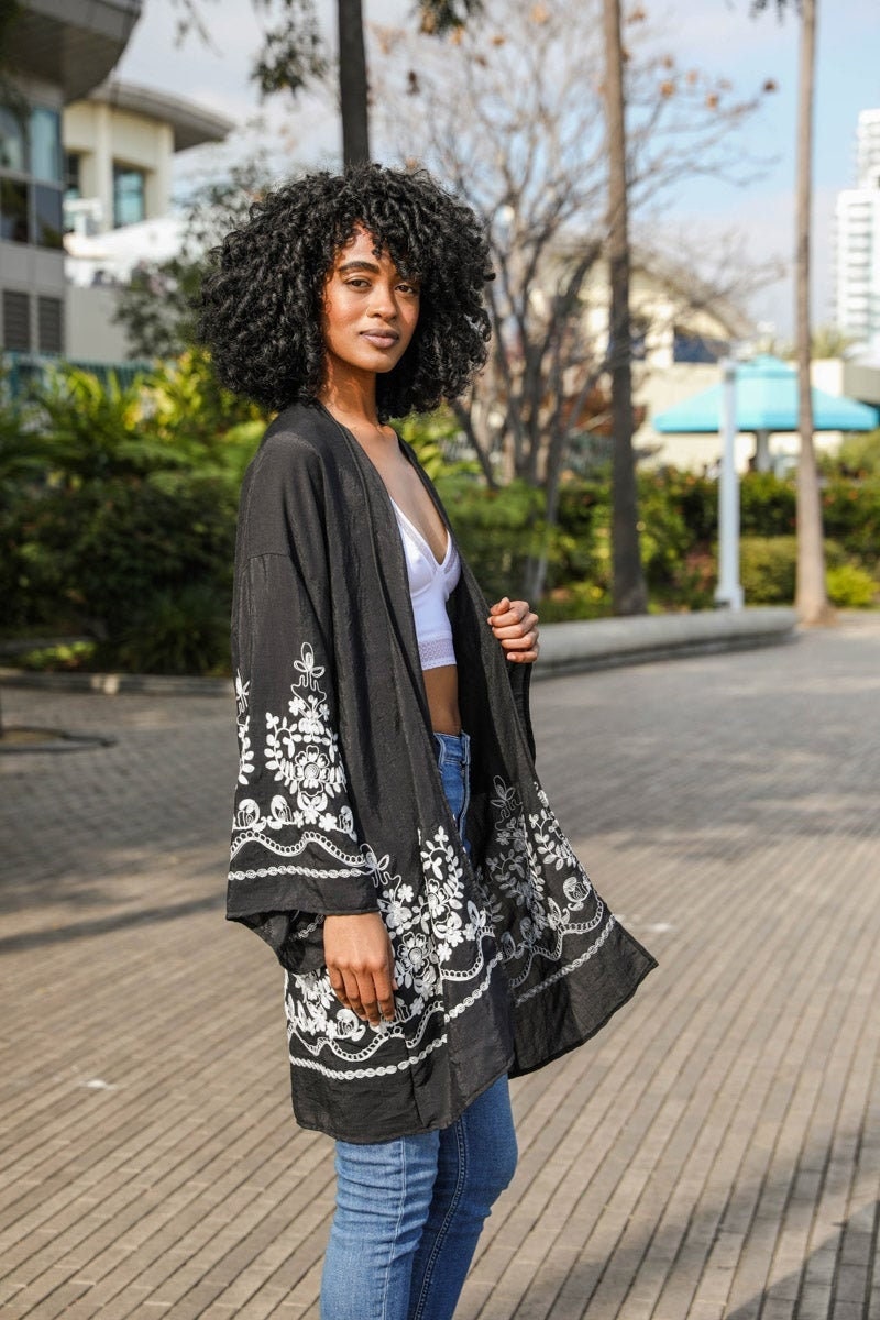 Flower Embroidered Black Kimono Cardigan