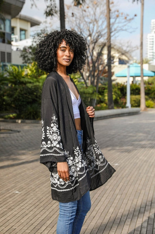Flower Embroidered Black Kimono Cardigan