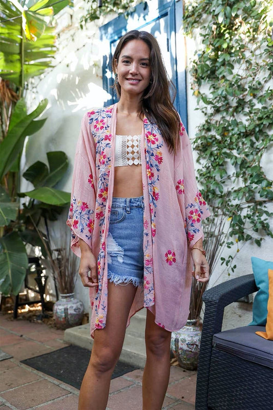 Floral Embroidered Kimono, Spring Floral Embroidered Kimonos in Pink