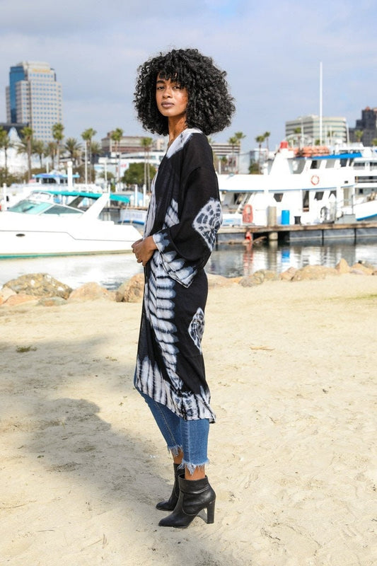 Black Tie Dye Long Kimono Duster