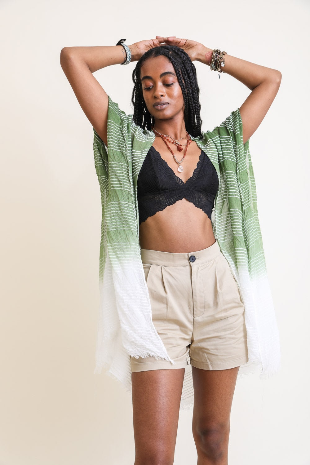 Green Beach Cover Up Striped Lightweight Kimono Cardigan Beach Cardigan