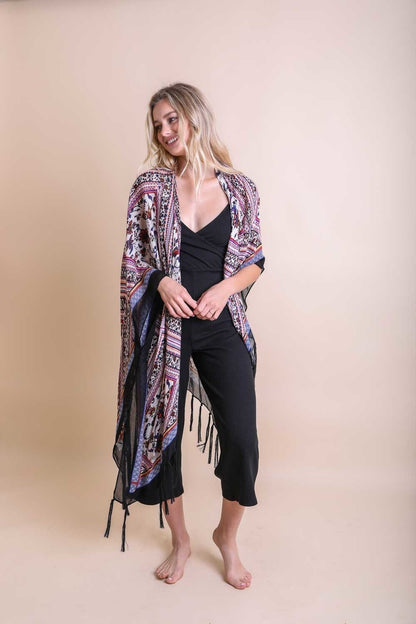 Boho Purple Tassel Kimono Duster
