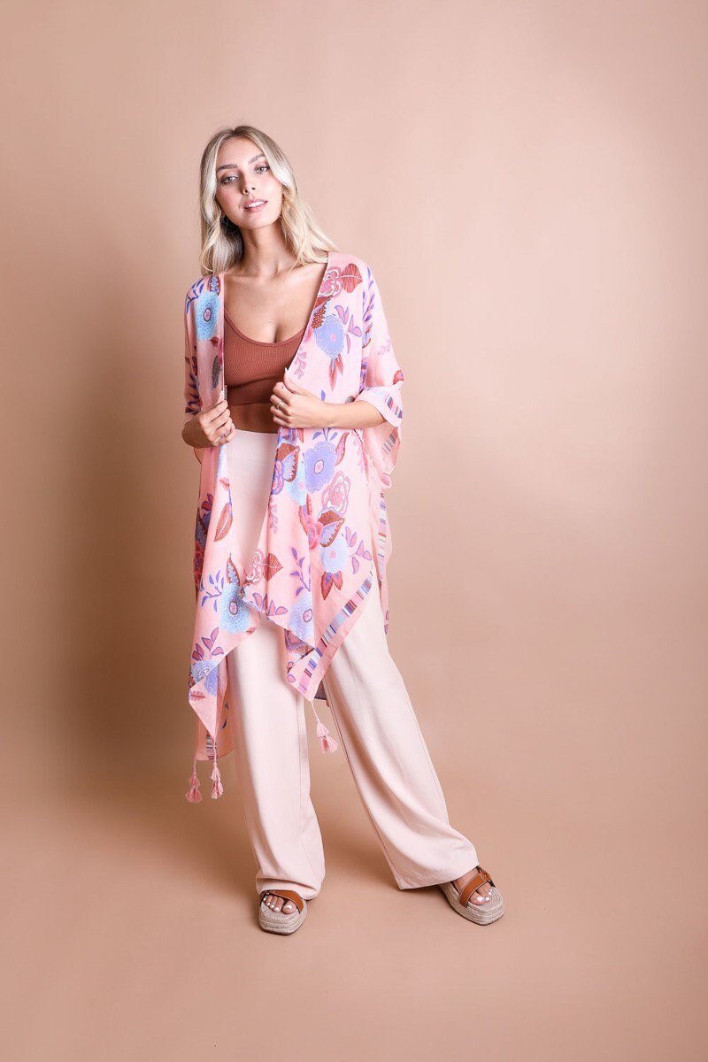 Summer Kimono Duster with Black Floral Mandala Print