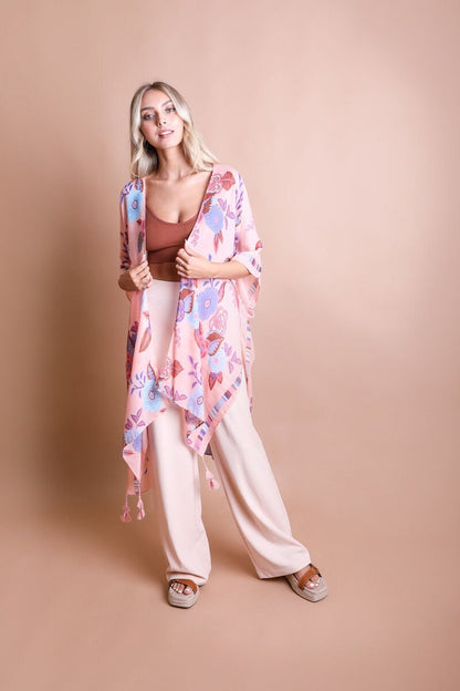 Summer Kimono Duster with Black Floral Mandala Print