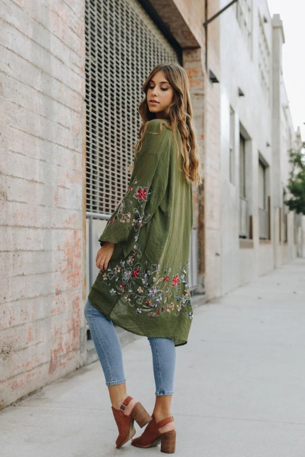 Embroidered Kimono, Spring Summer Autumn Floral Embroidered Kimonos in Rust Orange