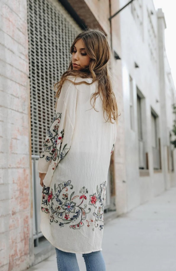 Embroidered Kimono, Spring Summer Autumn Floral Embroidered Kimonos in Ivory Beige