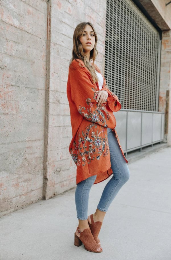 Embroidered Kimono, Spring Summer Autumn Floral Embroidered Kimonos in Rust Orange