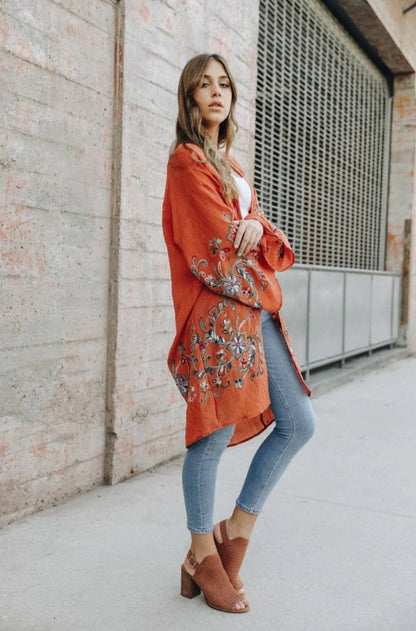 Embroidered Kimono, Spring Summer Autumn Floral Embroidered Kimonos in Rust Orange