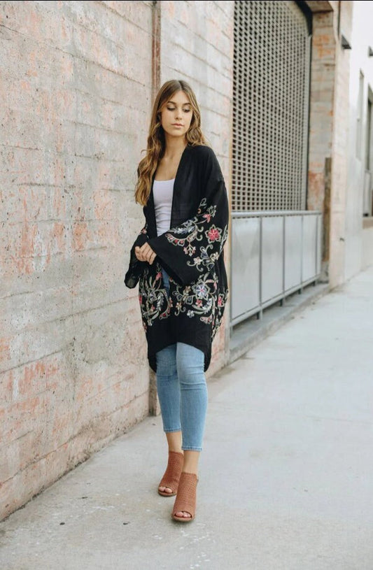 Embroidered Kimono, Black Floral Embroidered Kimonos