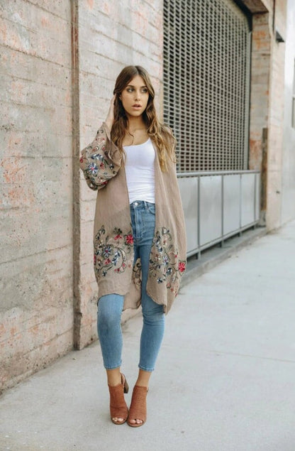 Embroidered Kimono, Spring Summer Autumn Floral Embroidered Kimonos in Rust Orange