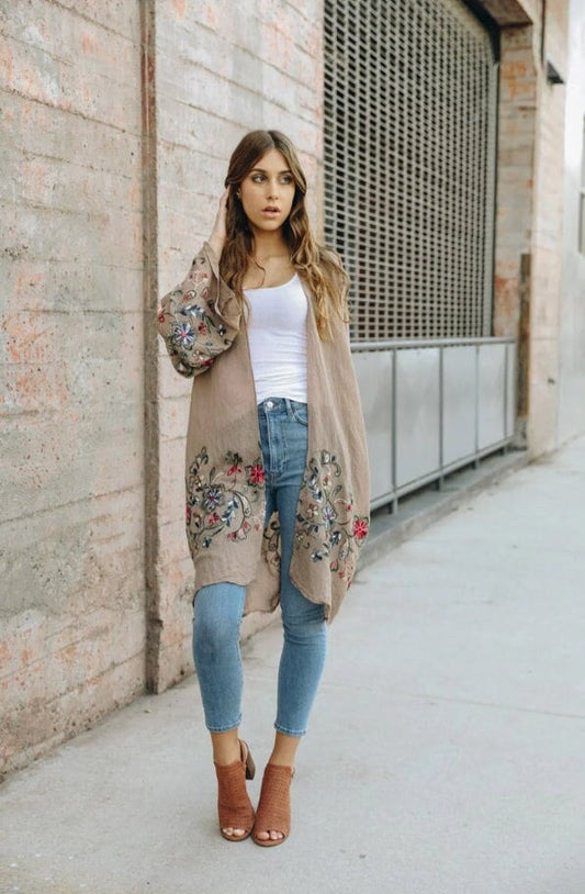 Embroidered Kimono, Taupe Brown Floral Embroidered Kimonos