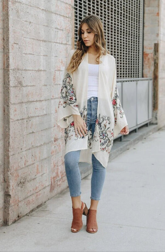 Embroidered Kimono, Spring Summer Autumn Floral Embroidered Kimonos in Ivory Beige
