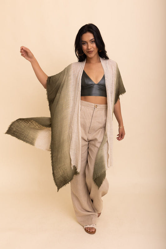 Cotton Sage Green Ombre Kimono Duster, Solid Color Kimonos
