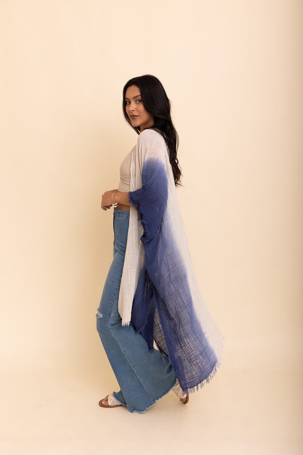 Cotton Blue Ombre Kimono Duster, Solid Color Kimonos