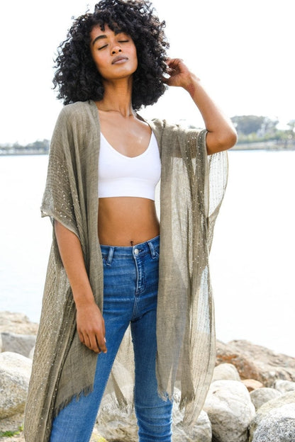 Beige Flowy Kimono Duster with Sequins