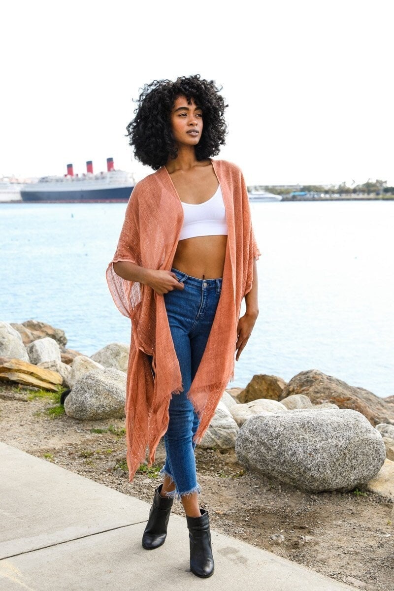 Beige Flowy Kimono Duster with Sequins