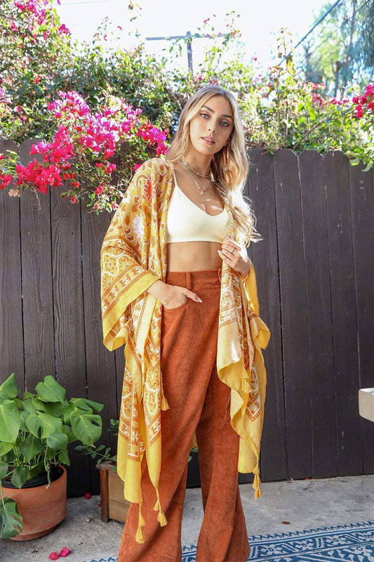 Bohemian Print Kimono Cardigan with Tassel