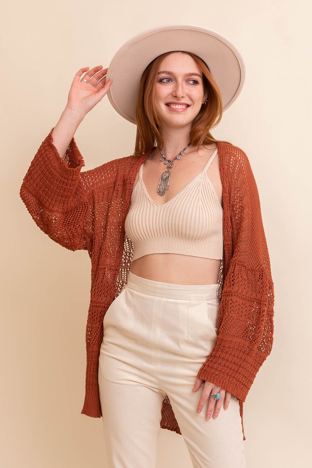Beige Knit Netted Cardigan Kimono Duster