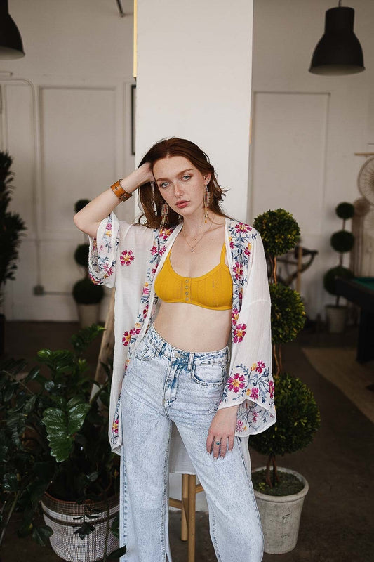 Embroidered Kimono, Spring Floral Embroidered Kimonos in Olive Green