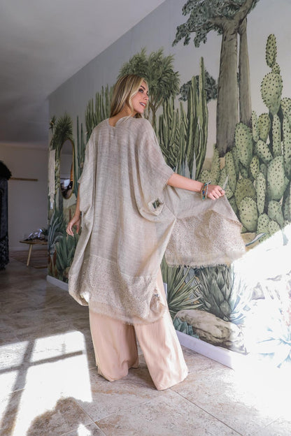 Beige Kimono Duster with Gold Embellish