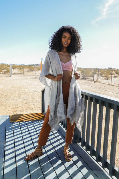 Beige Kimono Duster with Gold Embellish