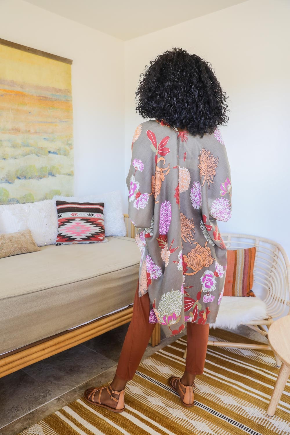 Flowy Kimono Duster with Floral Leaf Print