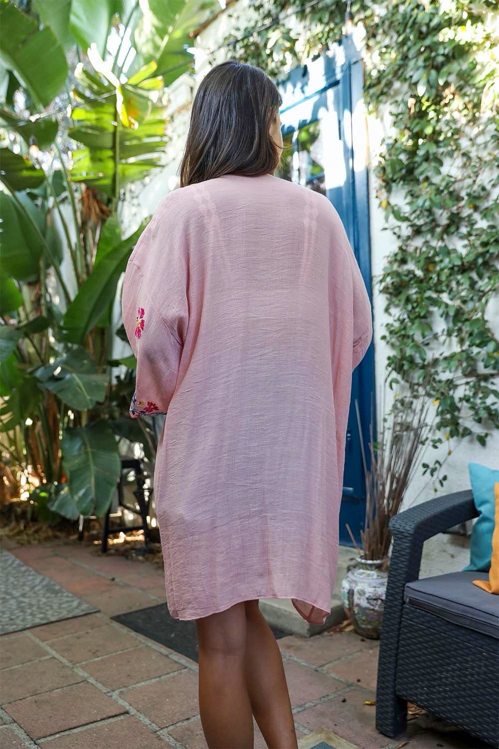 Floral Embroidered Kimono, Spring Floral Embroidered Kimonos in Pink