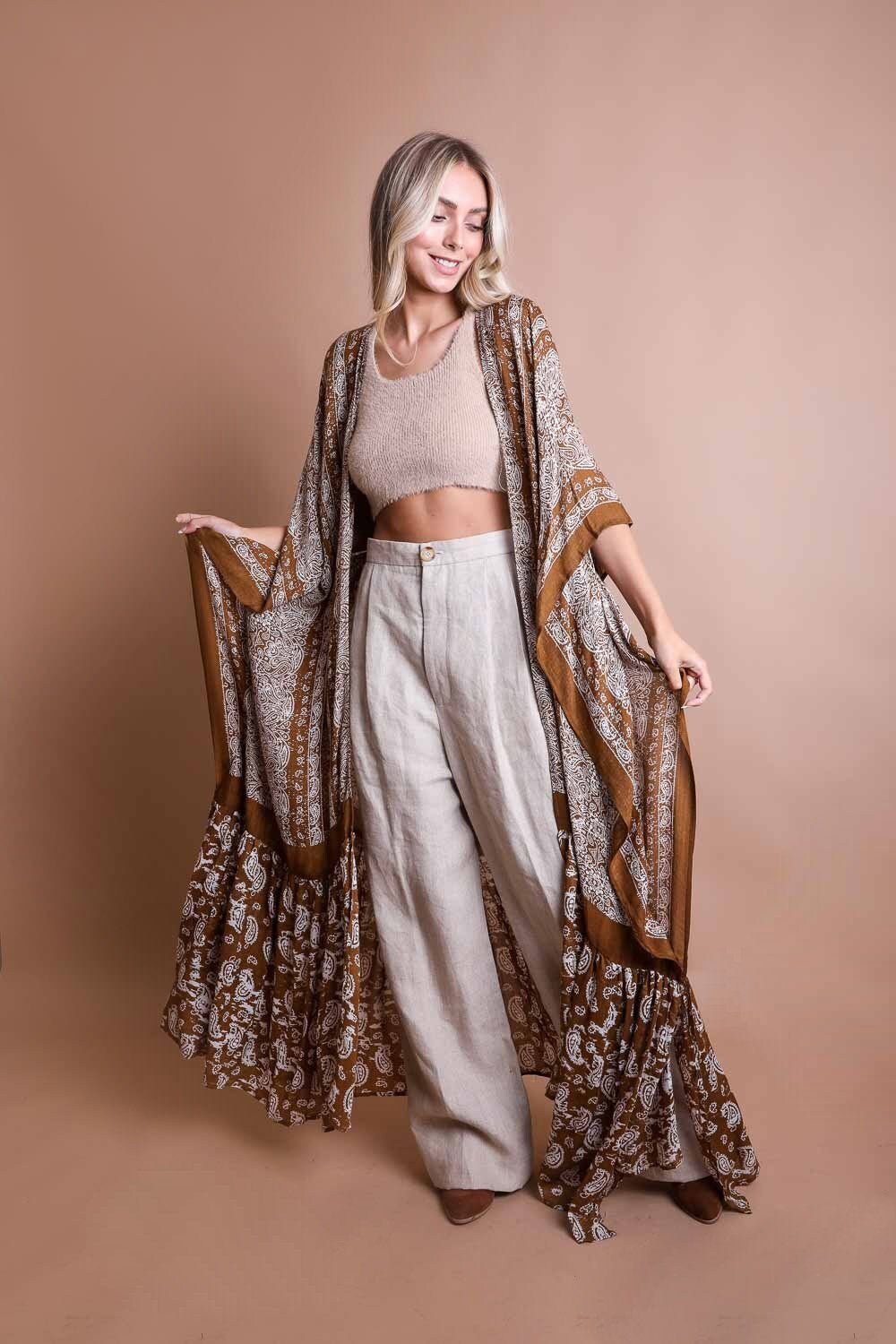 Ruffle Hem Kimono Duster with Paisley Pattern
