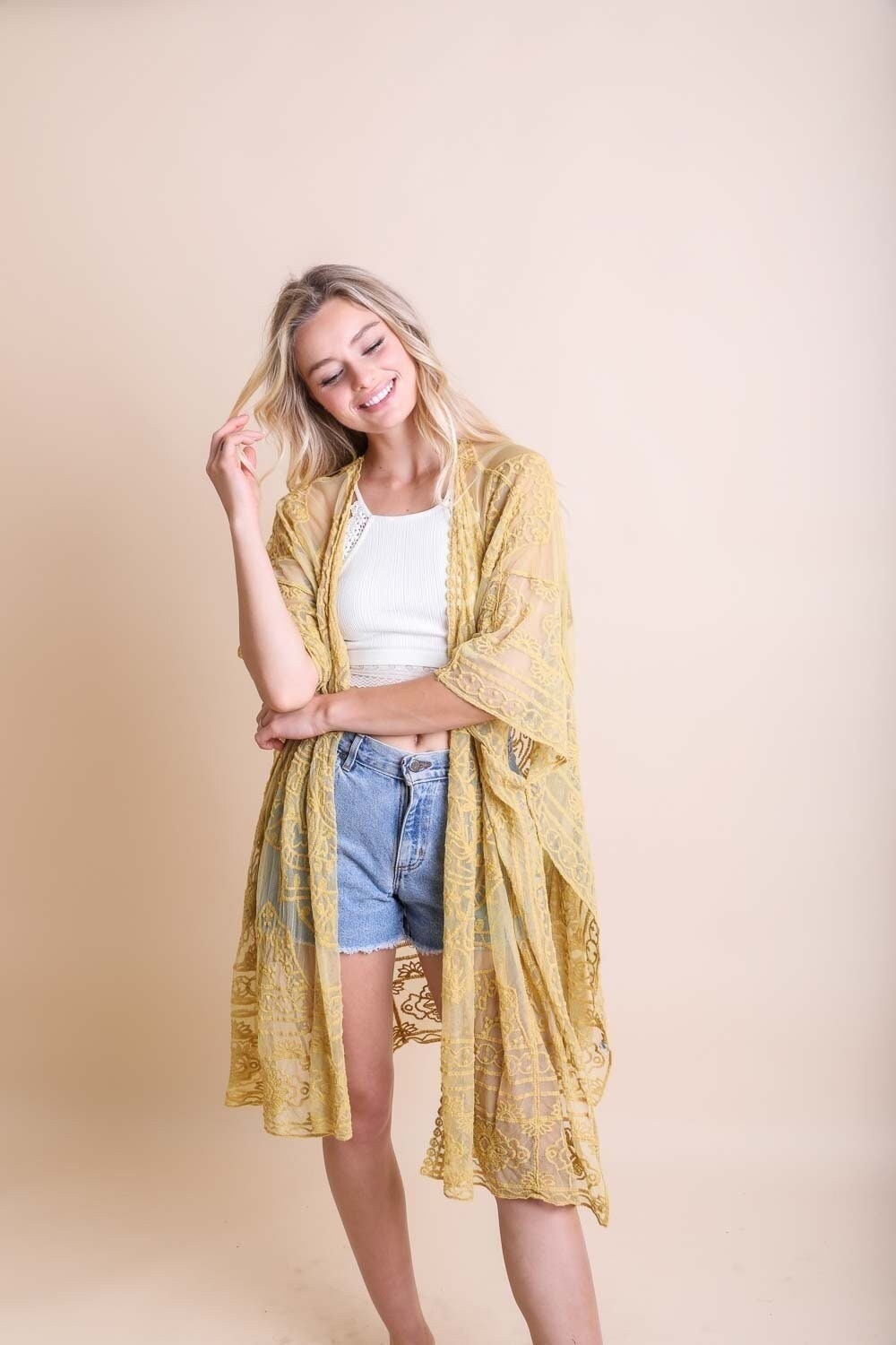 Yellow Lace Kimono Robe