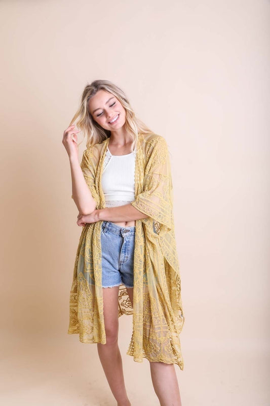 Yellow Lace Kimono Robe