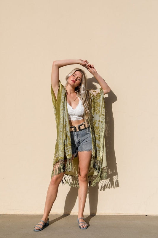 Soft Velvet Burnout Kimono with Tapestry Pattern and Tassel