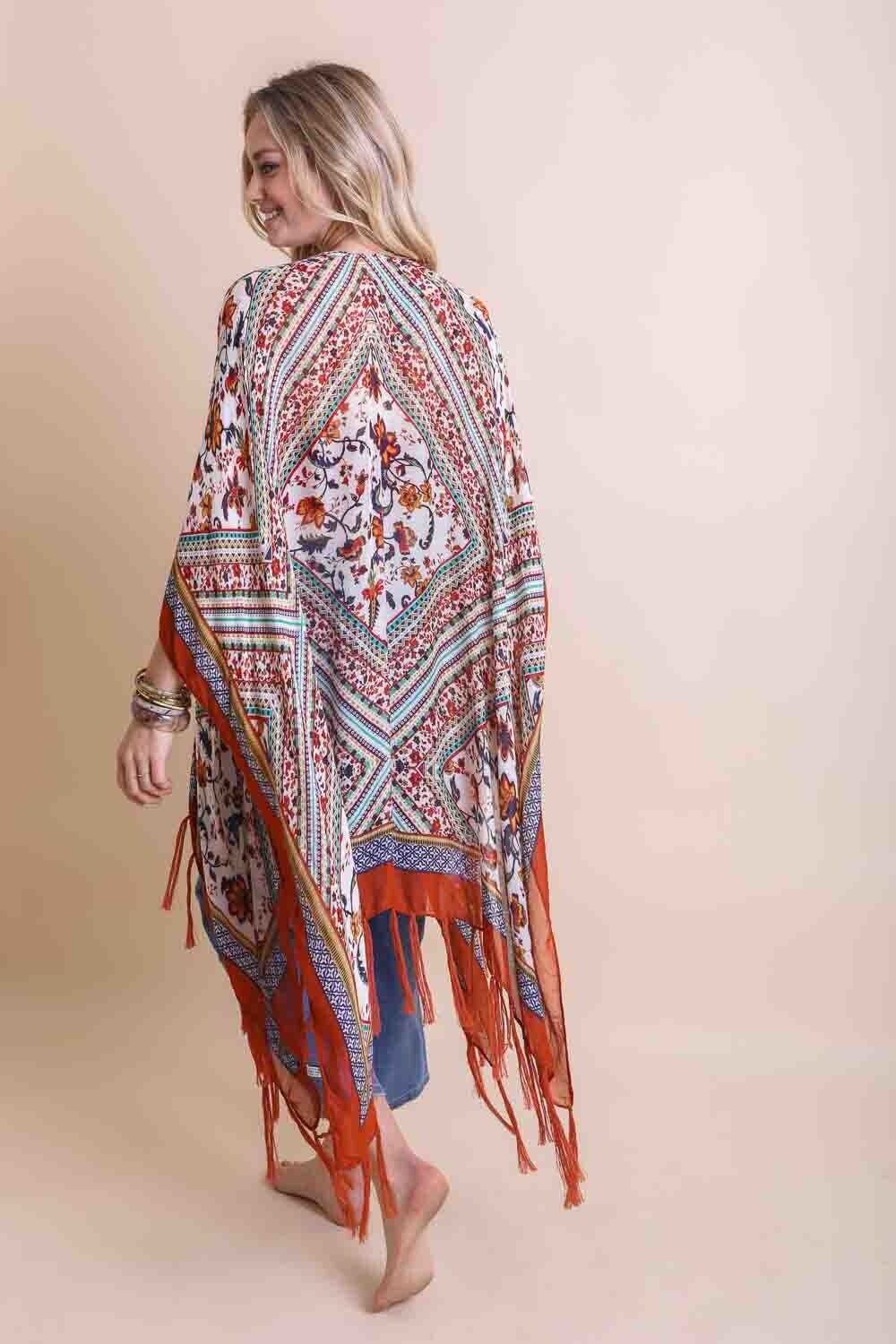 Boho Orange Tassel Kimono Duster