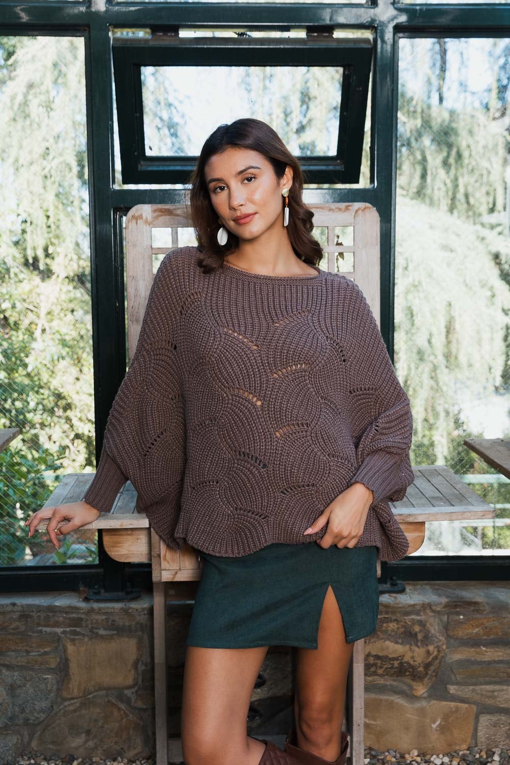 Boho Mocha Brown Winter Ponchos Ribbed Knit Pattern Poncho w/ Sleeves