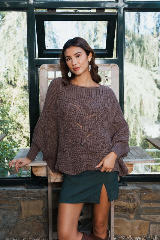 Boho Mocha Brown Winter Ponchos Ribbed Knit Pattern Poncho w/ Sleeves