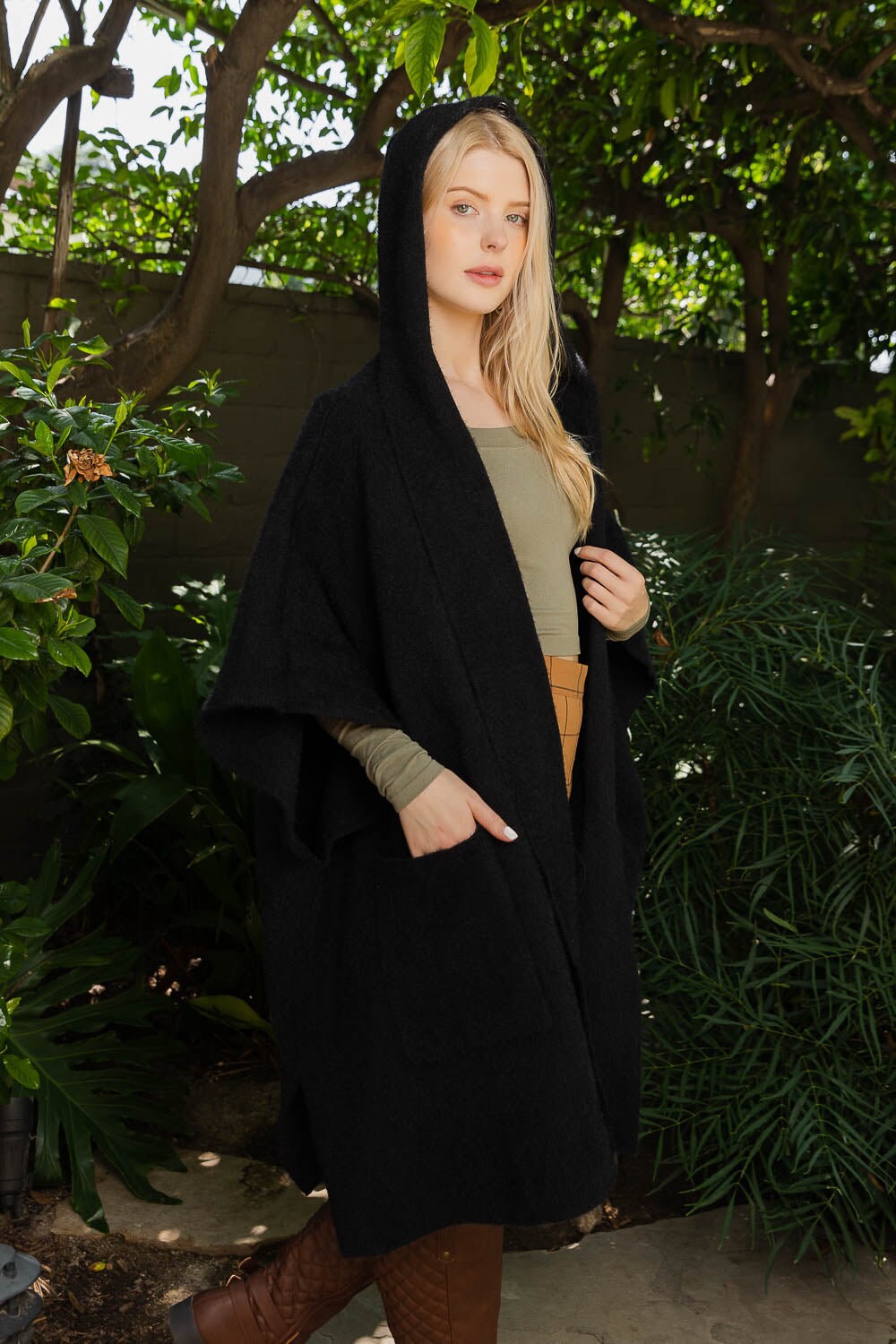 Black Cozy Plush Solid Color Hooded Ruana