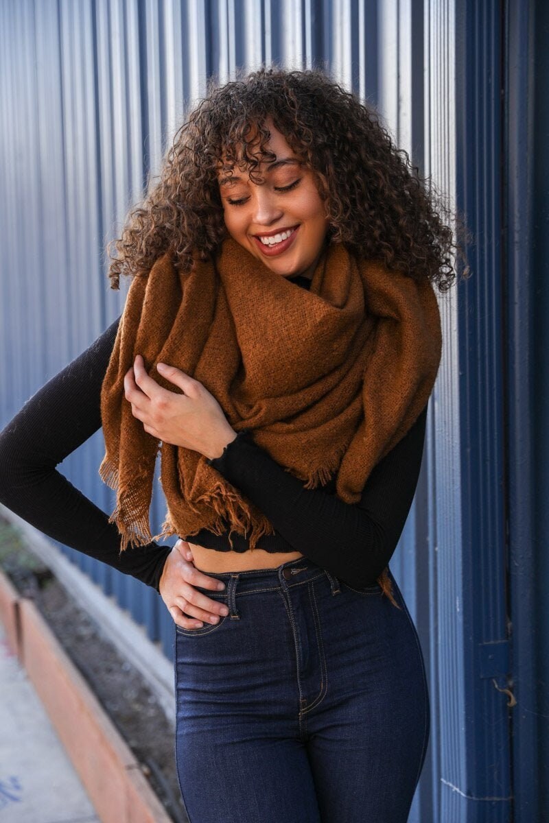 Cozy Mohair Scarves For Women, Solid Color Winter Scarf Camel Brown