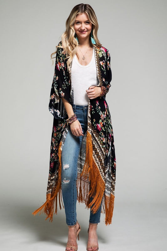 Black Floral Kimono Duster with Tassel