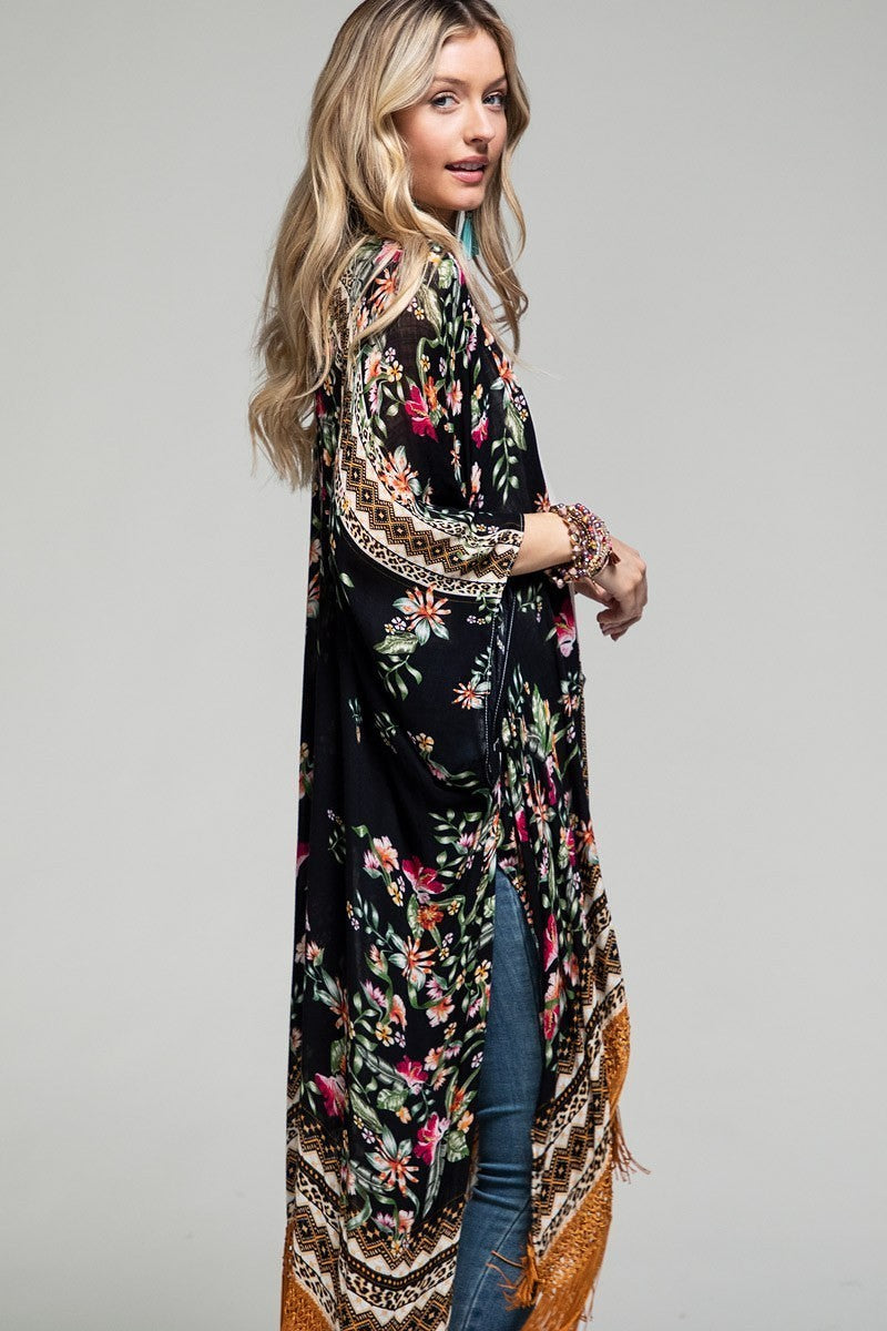 Black Floral Kimono Duster with Tassel