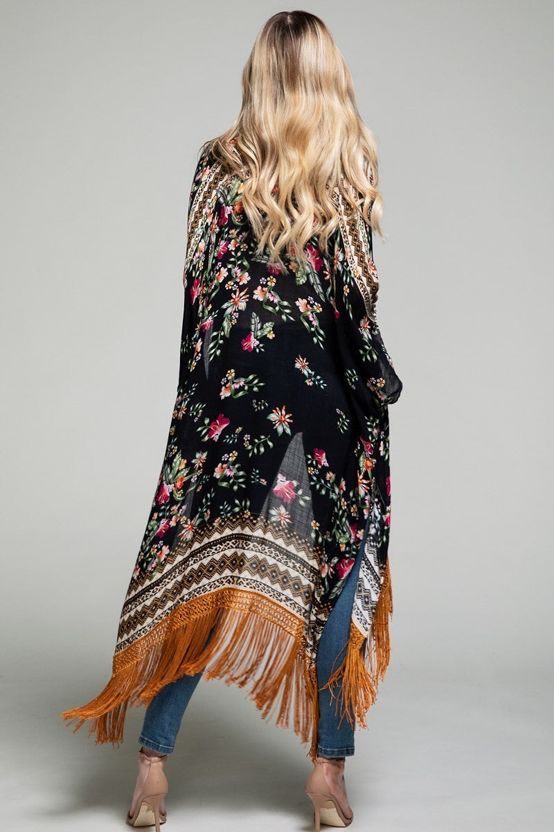 Black Floral Kimono Duster with Tassel